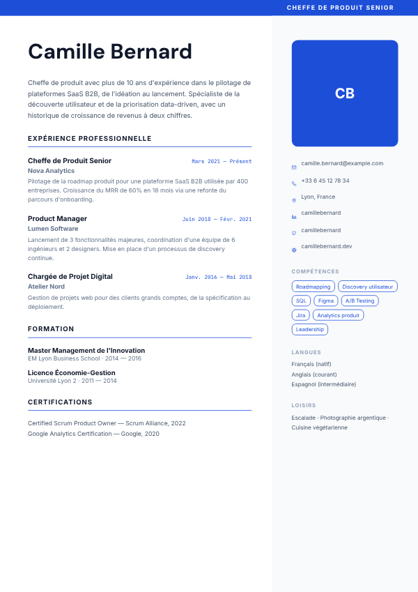 Aperçu du modèle de CV Bandeau Fonction