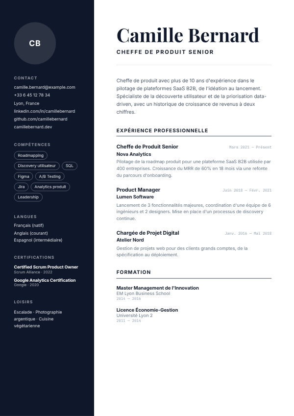 Aperçu du modèle de CV Sidebar Obsidienne