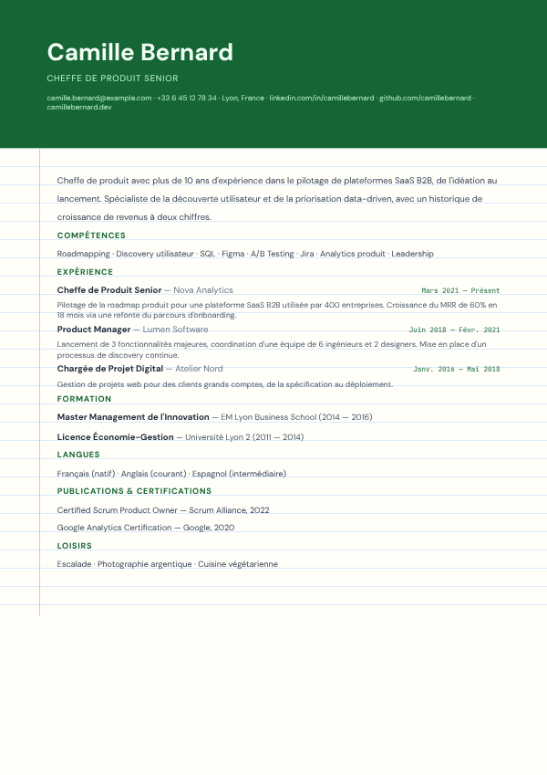 Aperçu du modèle de CV Cahier
