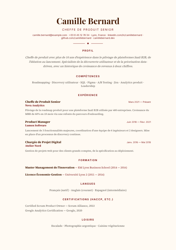 Aperçu du modèle de CV Table d'Hôte