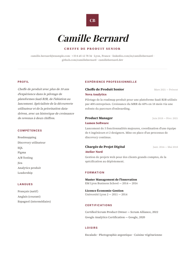 Modèle de CV Monogramme Central